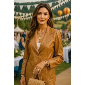 OLLY London Women Real Leather Tan Brown Retro Style Blazer Jacket Sz 10